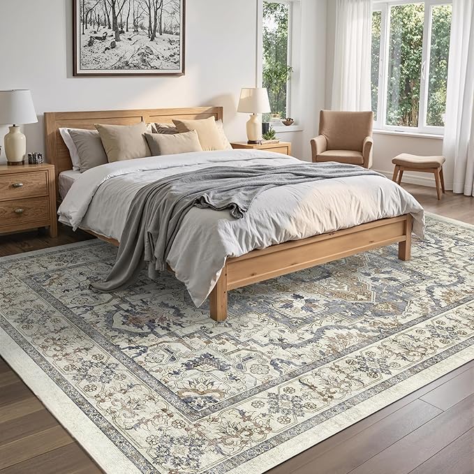 Beige 5x7 Washable Area Rug, Non-Slip Soft Ultra-Thin Polyester Carpet with Vintage Stain Resistant Indoor Rug for Living Room, Bedroom, Dining Room, Nursery Oeko-TEX - Beige/Blue