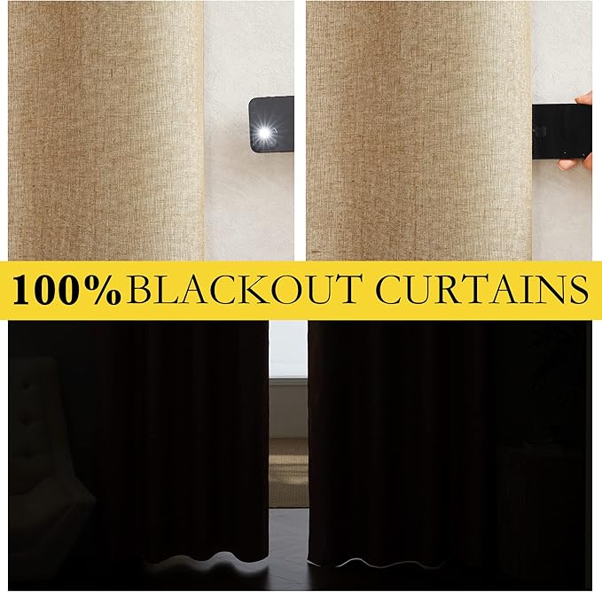 NICETOWN 100% Absolutely Blackout Linen Curtains with Thermal Insulated White Liner, Camel, W52 x L72, 2 Panels, Long Curtains 72 inch Length for Patio Door, Doorway, Office, Overnight Shiftworker
