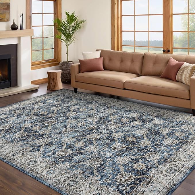 GarveeHome Large Area Rug 9x12 Washable Vintage Floral Rug for Bedroom Low Pile Distressed Throw Rug Non Slip Soft Foldable Floor Cover for Living Room Home Nursery Office, Blue