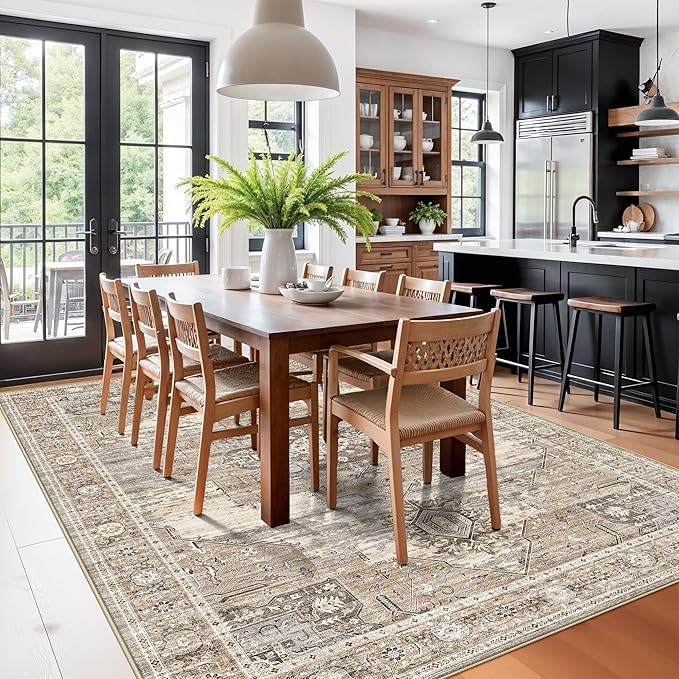 RUUGME 7x10 Rugs for Living Room: Boho Washable Area Rugs with Non Slip Backing Stain Resistant Carpet for Dining Room Bedroom Ultra Thin Soft Decoration Mat for Study Room Office 7x10 Beige