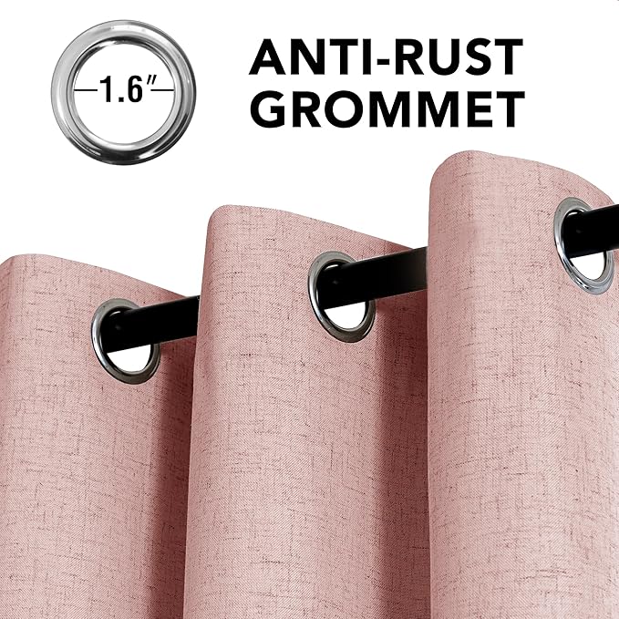 H.VERSAILTEX Linen Curtains 100% Blackout Curtains for Bedroom 96 inch Long Full Light Blocking Nature Linen Blended Window Curtains for Living Room Nickel Grommet (2 Panels, Heathered Baby Pink)
