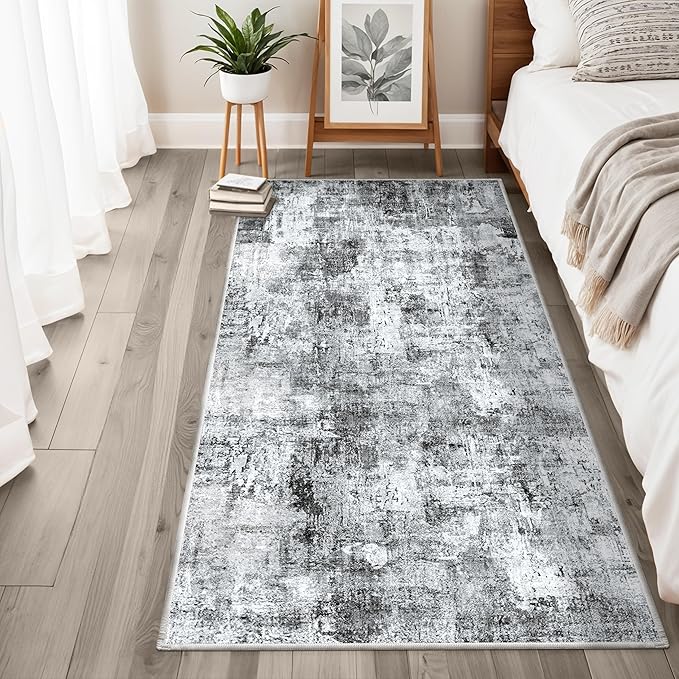 3x6 Washable Wide Runner Rug – Non-Slip Floor Carpet Runner for Kitchen Entryway Hallway Bathroom, Modern Abstract Low Pile Thin Area Rug (Grey)