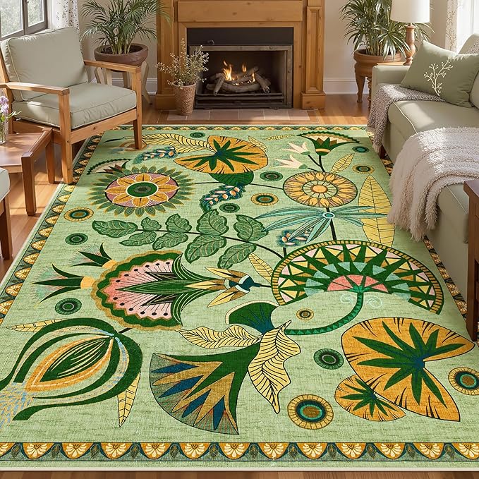 Joydeco Egypt Floral Area Rugs 9x12 Living Room, Large Sage Green Washable Carpet for Bedroom Playroom, Boho Vintage Non Slip Indoor Throw Rug for Dining Room Nursery Dorm Classroom, Green