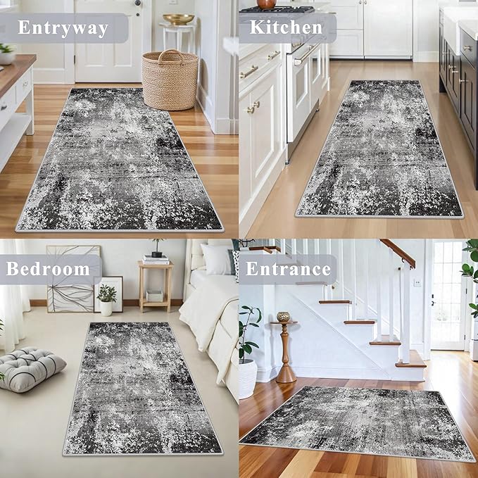 3x4 Washable Entryway Rug – Non-Slip Modern Abstract Small Area Rug for Kitchen, Bedroom, Bathroom – Soft Low-Pile Thin Indoor Door Mat（Black Grey, 3x4）