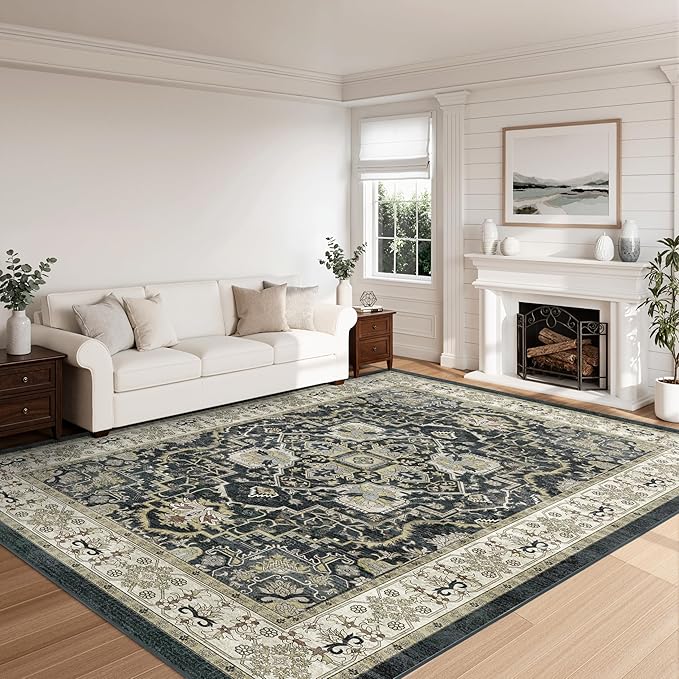 Black 8x10 Washable Large Area Rug, Non-Slip Soft Ultra-Thin Polyester Carpet with Vintage Vintage Stain Large Rug for Living Room, Bedroom, Dining Room & Open-Concept Spaces Oeko-TEX - Black
