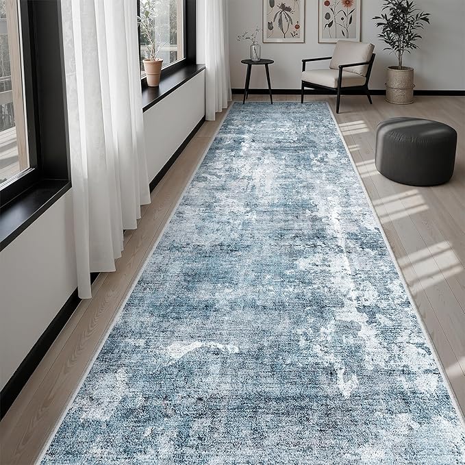 Soalmost Runner Rug 3x10 Washable Non-Slip Hallway Runner Rugs for Kitchen Bathroom Laundry Room Blue/Grey Vintage Floor Carpet Runners for Hallways Entryway