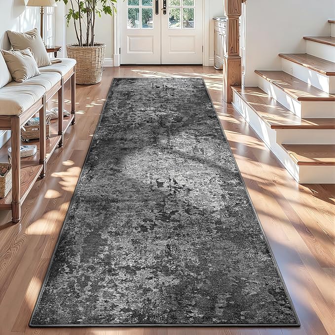 3x10 Black Rug Runners for Hallways Kitchen Runner Rug Non Slip Washable Black Long Runner Rugs with Rubber Backing Soft Abstract Carpet Runner for Bedroom, Kitchen, Bathroom, Entryway