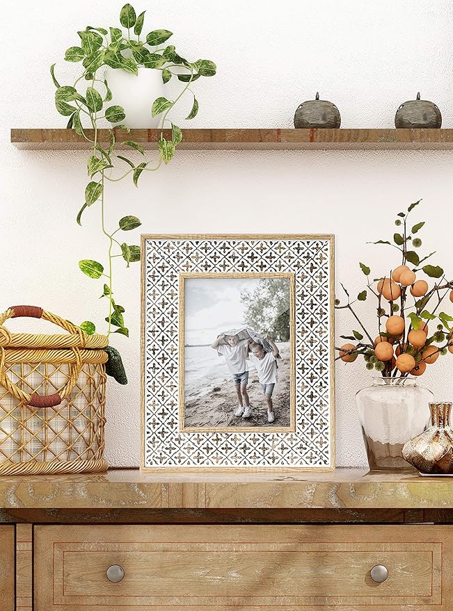 Afuly 5x7 Picture Frame Boho Picture Frames 3D Cross Pattern Distressed Moroccan Photo Frame Wall Desk Bohemia Home Office Decor Wedding Birthday Gifts for Mom Woman Grandma