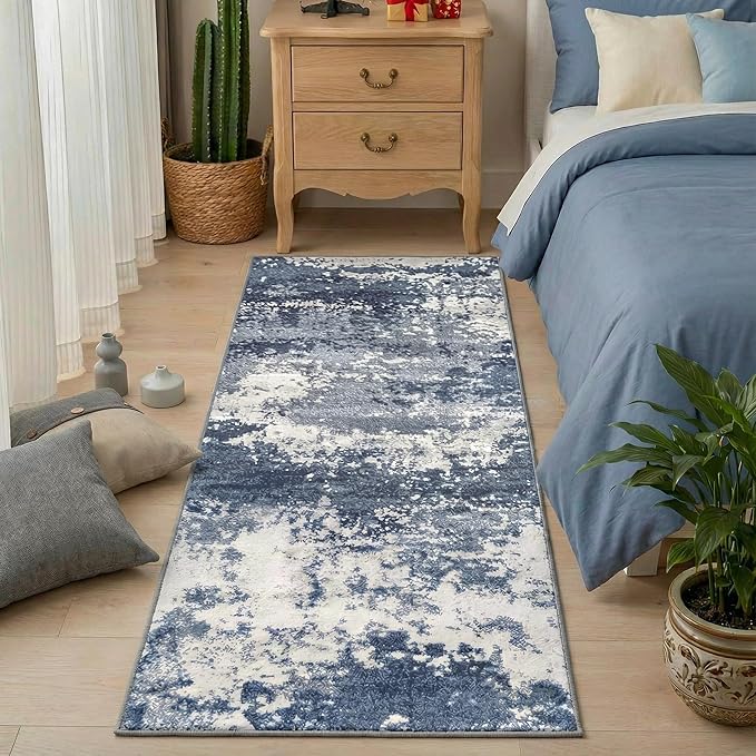 Blue Rug Runners for Hallways Kitchen 2.6x8 Non Slip Washable Entryway Runner Rugs with Rubber Backing 8ft Long Carpet Runner for Laundry Bedroom, Low Pile Stain & Fade Resistant, Abstract Navy