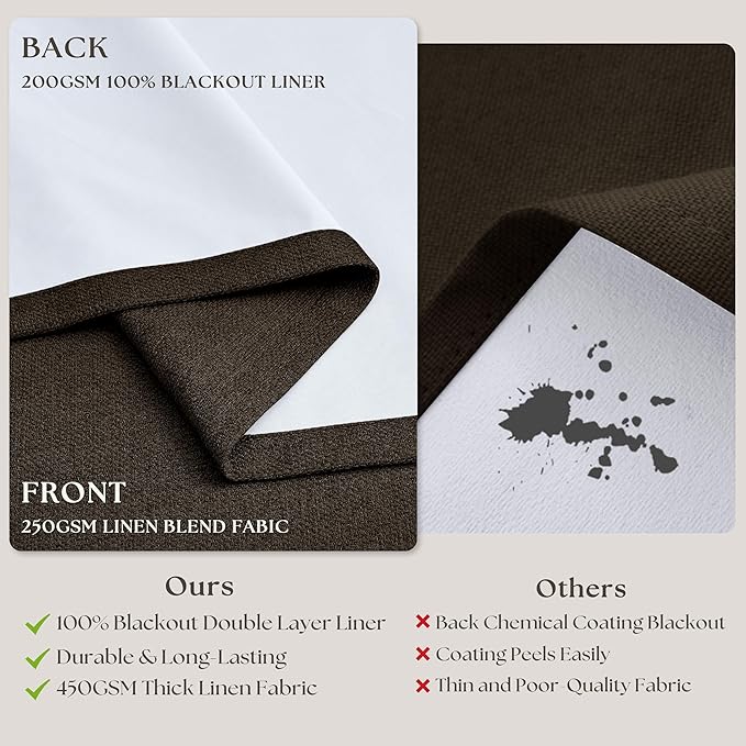 Dark Brown Pleated Double Layer Thick Linen Curtains 90 Inches Long for Bedroom Living Room Memory Trained Pinch Pleat 100% Blackout Thermal Noise Blocking Rustic Windows Drapes 2 Panels Set