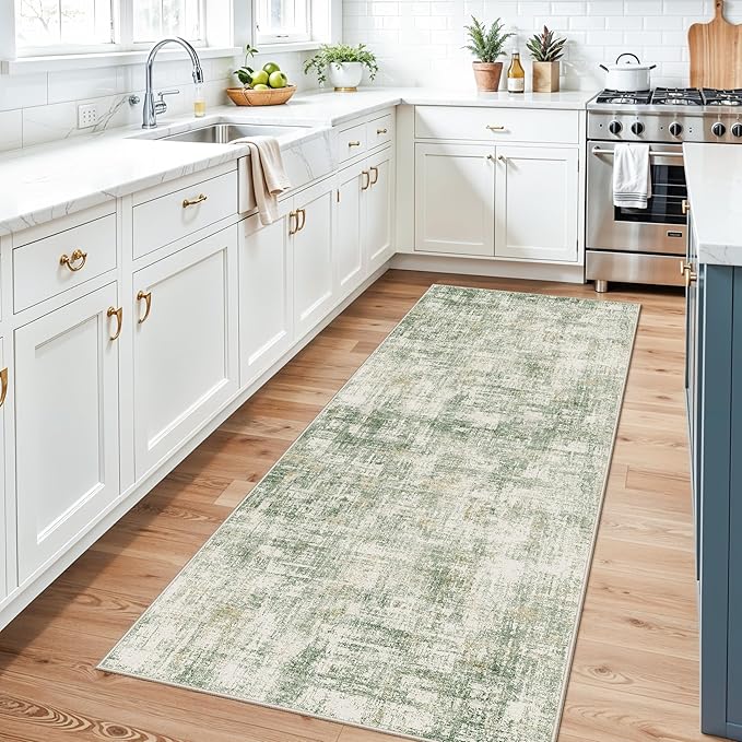 3x10 Ft Long Wide Hallway Runner Rug – Non-Slip Washable Wide Kitchen Runner, Low-Pile Thin Modern Abstract Floor Rug for Indoor Entryway, Bedroom, Living Room (Sage Green)