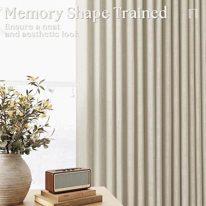 92 Inch Beige Linen Curtains 2 Panels Set Pinch Pleated for Living Room Bedroom Memory Training Shaped Semi Sheer Neutral Tan Flax Burlap Pleat Drapes Hooks Rings Light Filtering Window Curtain