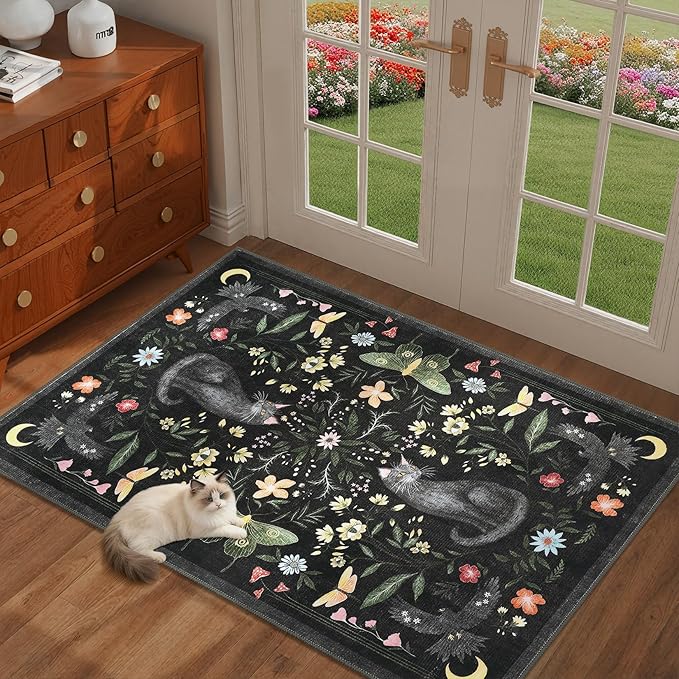 GarveeHome Cat Entryway Rug, 2x3 Mushroom Insect Black Washable Front Door Rug Indoor Entrance Floral Carpet Non-Slip Low Pile Throw Rugs for Kitchen Floor, Powder Room, Entry, Bathroom, Kids Room