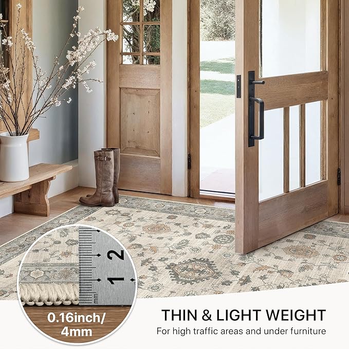 GENIMO Runner Rug for Hallways Machine Washable, 2x6 Non Slip Boho Vintage Lightweight Washable Runners, Thin Floor Rugs for Entryway Hallway Bathroom Laundry Room Corridor, Light Taupe Green