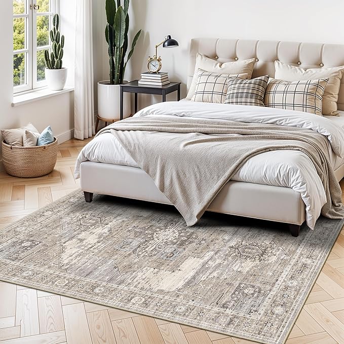 RUUGME Washable Area Rugs 5x6 - Vintage Distressed Rugs for Small Living Room Stain Resistant Non Slip Carpets for Bedroom/Dining Room/Laundry Room/Kitchen 5x6 Beige