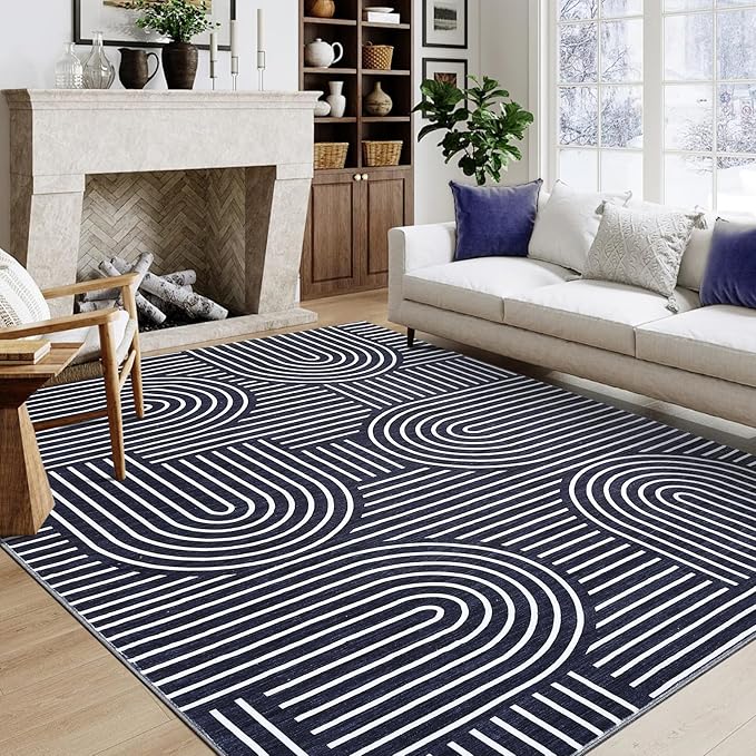 ROYHOME Washable Rug 5x7 Area Rugs for Living Room, Abstract Rug for Bedroom, Soft Rainbow Non Slip Throw Rugs with Rubber Back, Low Pile Stain Resistant Boho Geometric Carpet for Dining Room, Blue