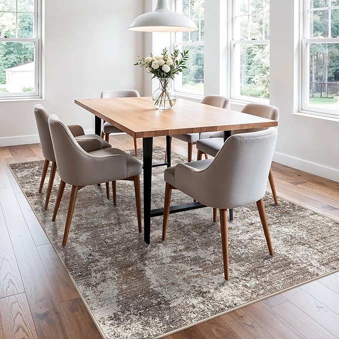 5x7 Washable Living Room Rug – Modern Neutral Abstract Area Rug for Bedroom, Dining Room, Kitchen & Home Office – Low Pile Thin Non-Slip Indoor Carpet (Brown Beige,5x7)