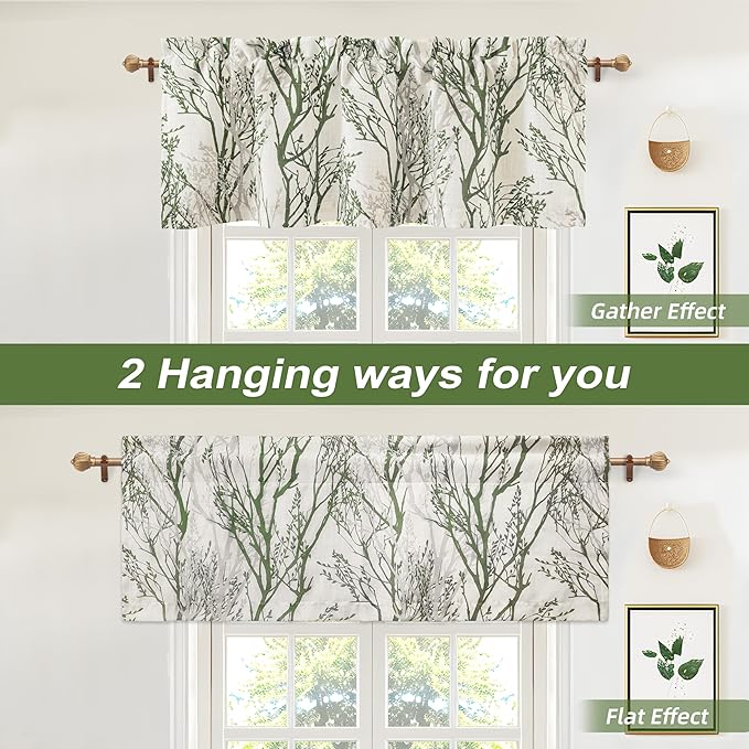 Driftaway Tree Branch Linen Lined Valance Double Layer Thermal Insulated Room Darkening Blackout Valances 3 Inch Rod Pocket Short Window Valance for Living Room Bathroom 52 Inch by 18 Inch Loden Green