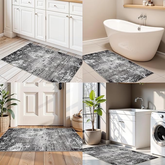 2x4 Washable Runner Rug – Non-Slip Small Throw Rug for Kitchen Floor, Bedroom, Entryway, Bathroom, Bedside – Modern Abstract Neutral Low-Pile Thin Indoor Door Mat（Black Grey,2x4）