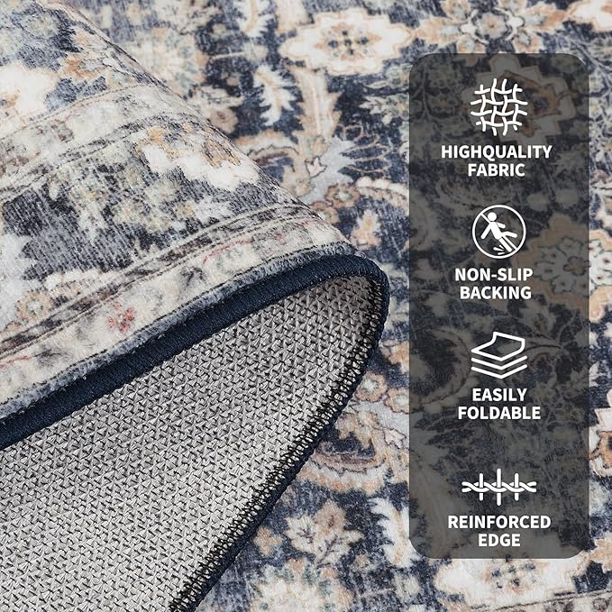GarveeHome Washable Rugs 5x7 Vintage Floral Area Rugs for Living Room Bedroom, Ultra Soft Retro Accent Carpet, Non Slip Low Pile Floor Mats for Dining Room, Home Office Decor, Blue Grey