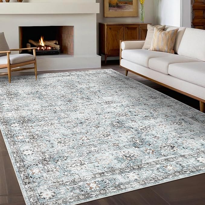 GarveeHome Vintage Floral 5x7 Area Rugs for Living Room, Distressed Oriental Print Non Slip Washable Rugs, Ultra Soft Low Pile Foldable Indoor Carpet for Bedroom Dining Room, Grey and Blue