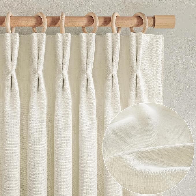 Cream Pinch Pleated 70 Inch Extra Wide Bedroom Curtains 84 Inch Long 2 Panels Set, Memory Trained Light Filtering Privacy Thick Natural Linen Semi Sheer Farmhouse Windows Curtain & Drapes 7 FT Length