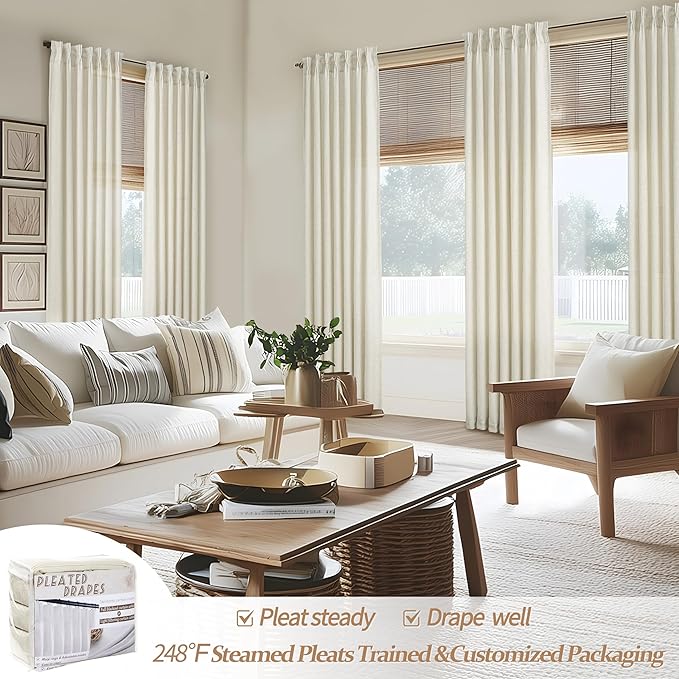 Cream Beige Linen Sheer Curtains 90 Inches Long for Dining Room 2 Panels Set, Pinch Pleated Light Filtering Nursery Curtain with Back Tab Ceiling Track Thick Privacy Drapes for 40 x 90 Inch Windows