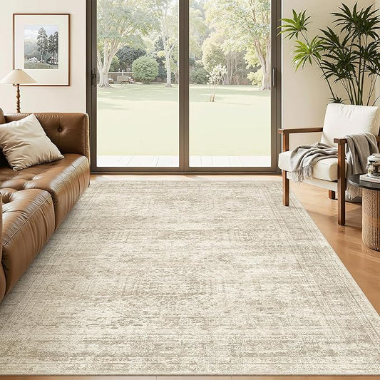 Soalmost 5x8 Area Rugs Beige Low Pile Indoor Washable Trendy Faded Style Rugs for Bedroom Living Room Dining Room Foldable Non-Slip Thin Print Home Office Mat
