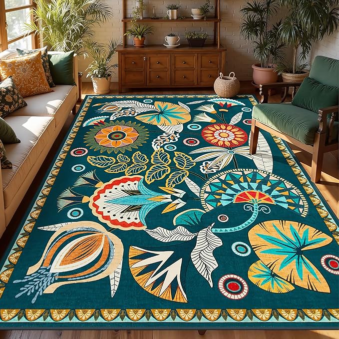 Joydeco Egypt Floral Boho 6x9 Rug for Living Room, Dark Green Washable Bedroom Dining Room Rugs for Under Table, Non Slip Vintage Indoor Throw Carpet for Playroom Nursery Dorm Classroom, Dark Green