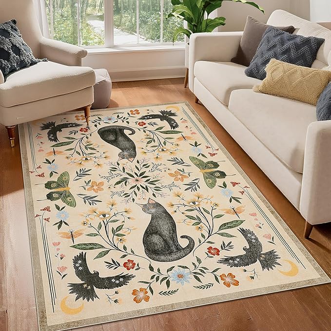 GarveeHome 3x5 Cat Washable Area Rug for Entryway, Mushroom Floral Beige Bedroom Rug Non Slip Low Pile Butterfly Carpet Stain Resistant Throw Rug for Kitchen Dorm Kids Room Office Dining Room