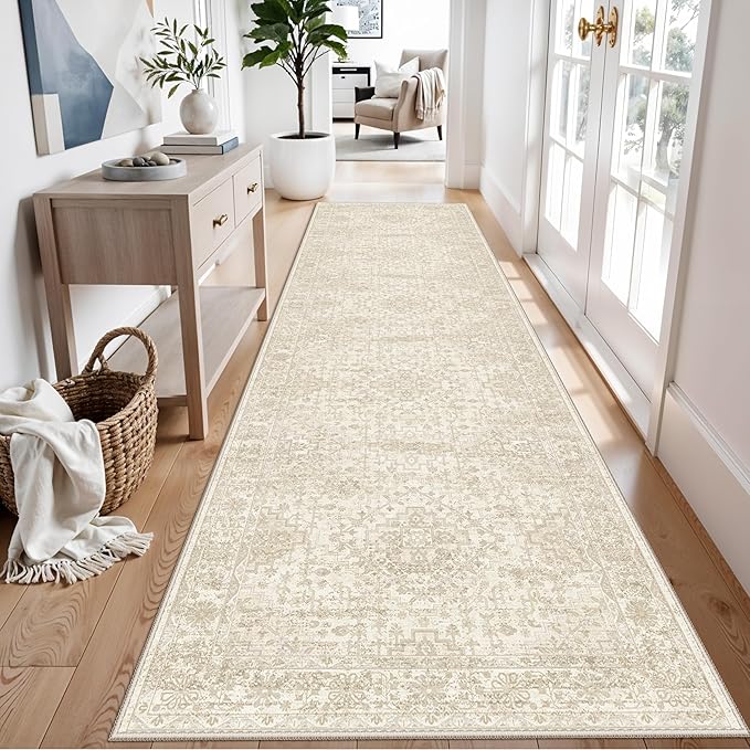 3x10 Ft Hallway Runner Rug – Non-Slip Washable Long Carpet Runner for Kitchen Indoor Entryway & Bathroom, Vintage Distressed Low Pile Thin Floor Mat (Ivory Beige)