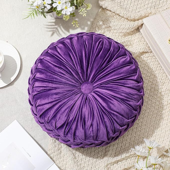 Drydiet 1 Pcs Round Throw Velvet Pillows Decorative Pleated Throw Pillows 15'' Diameter Accent Pumpkin Boho Chair Cushion for Couch Sofa Home Decoration (Purple)