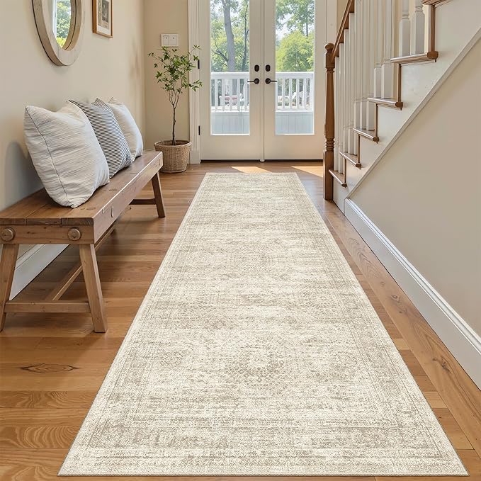 Soalmost Washable Runner Rug, 2'6" x 8' Non-Slip Kitchen Vintage Foldable Hallway Runners for Entryway, Laundry, Bedroom, Beige