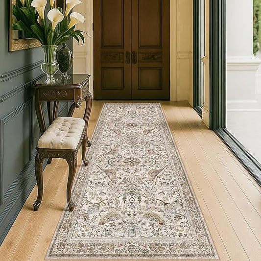 Boho 2'6"x8' Long Kitchen Runner Rugs Non Skid Washable, Stain Resistant Carpet Runners for Hallway 8ft, Low Pile Non Slip Rubber Backing Runner Rug for Kitchen, Traditional Floral Home Décor