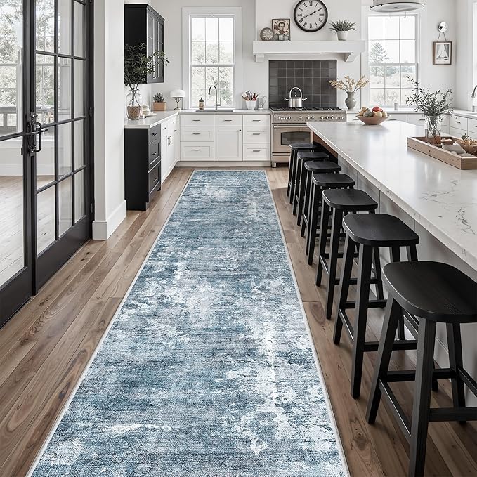 Soalmost Runner Rug 2'6" x 16' Washable Non-Slip 2.5x16 ft Long Runner Rugs for Kitchen Bathroom Laundry Room Vintage Ultra Thin Runners for Hallway Entryway Blue/Grey
