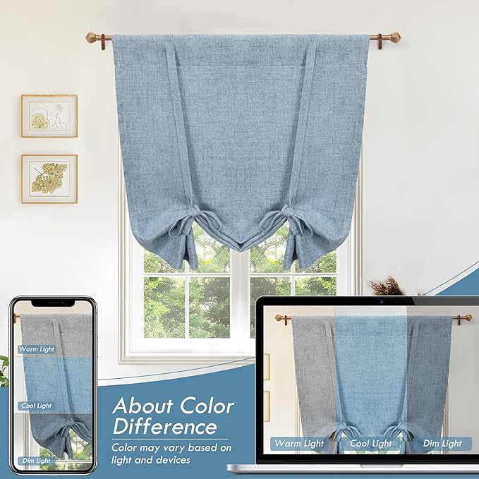 DriftAway Double Layer Linen Blackout Tie Up Curtains Thermal Insulated Fully Lined Balloon Roman Shade Bathroom Window Adjustable Rod Pocket for Small Window 45 Inch by 63 Inch Dusty Blue