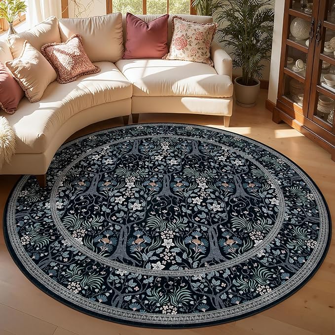 Joydeco Washable Round Area Rug for Living Room, Soft Round Rugs 6ft Non Slip with Rubber Backing, Vintage Large Circle Carpet for Bedroom Kitchen Nursery, Black-Blue Floral Décor
