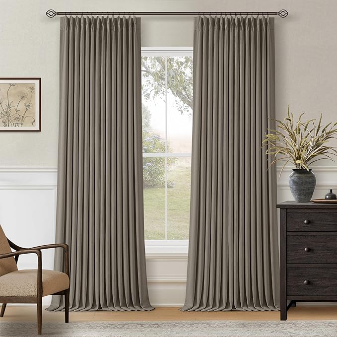 Taupe Grey 120 Inch Blackout Pinch Pleated Curtains 2 Panel Set for Living Room Darkening Thick Linen Textured 100% Black Out Drapes 120 Inches Long Pinch Pleat Light Blocking Bedroom Grayish Brown