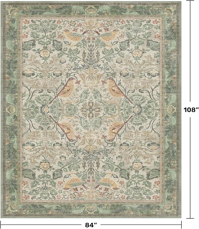 Hazo Haus Washable Living Room Rug 7x9 - Sage Floral Nature Rugs for Bedroom, Dining Room Kitchen Table Rug for Under Table, Office, Stain Resistant Non-Slip Large - Sage Green/Beige