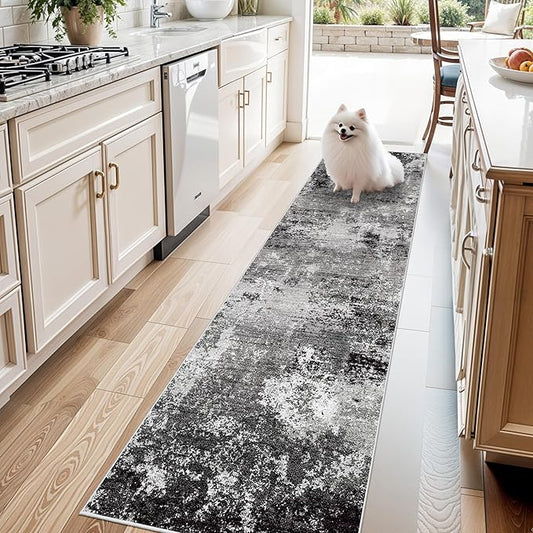 2x8 Washable Hallway Runner Rug – Non-Slip Modern Abstract Neutral Low-Pile Stain-Resistant Carpet Runner for Kitchen Entryway Bedroom Bathroom (Black Grey,2x8)