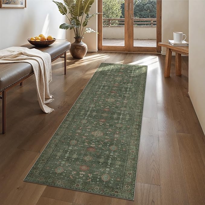 GENIMO Runner Rug for Hallways Machine Washable, 26x6 Non Slip Boho Vintage Lightweight Washable Runners, Thin Floor Rugs for Entryway Hallway Bathroom Laundry Room Corridor, Moss Green