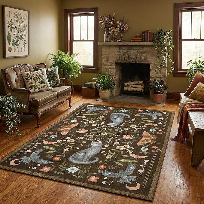 GarveeHome 5x7 Cat Area Rug Brown Washable Rugs for Living Room Bedroom, Soft Mushroom Floral Low Pile Non Slip Floor Mat Animal Print Throw Rug Indoor Carpet for Dorm Playroom Gothic Decor
