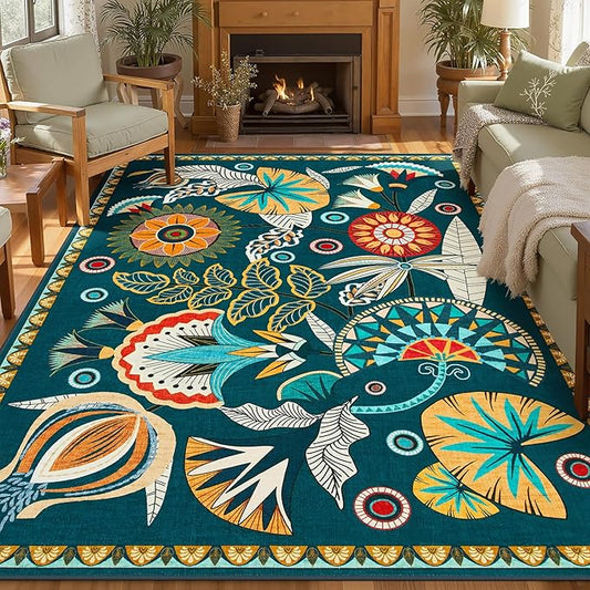 Joydeco Egypt Floral Boho Large Area Rugs for Living Room Nursery, Washable Dark Green Bedroom Rug 8x10 Under Bed, Vintage Non Slip Indoor Throw Carpet for Playroom Dining Room Dorm