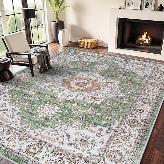 RUUGME Living Room 8x10 Area Rug - Soft Washable Area Rugs Stain Resistant Carpet Vintage Lightweight Rugs for Bedroom with Non Slip Backing Indoor Ultra-Thin Rugs Home Decor 8x10 Sage