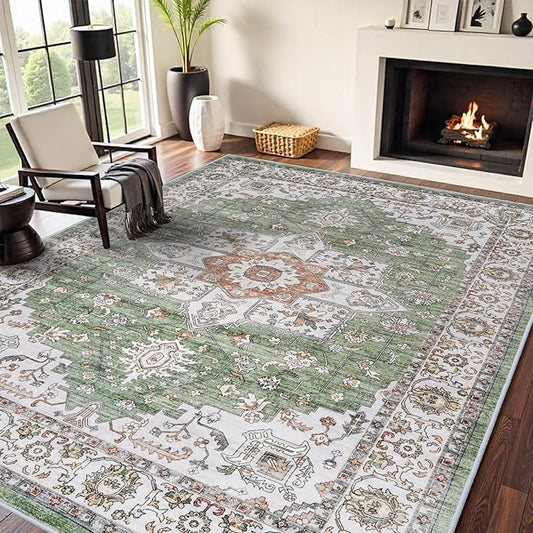 RUUGME Living Room 8x10 Area Rug - Soft Washable Area Rugs Stain Resistant Carpet Vintage Lightweight Rugs for Bedroom with Non Slip Backing Indoor Ultra-Thin Rugs Home Decor 8x10 Sage