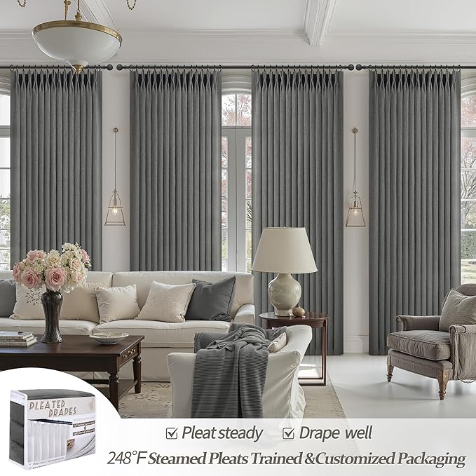 Dark Grey Pleat Semi Sheer Curtains 96 Inches Long for Bedroom, Memory Trained Pinch Pleated Linen Textured Light Filtering Modern Curtain 96 Inch Length 2 Panels Set Viral Window Drapes 8FT Length