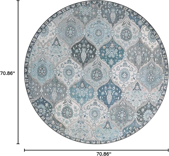 Lahome Moroccan Trellis Washable Round Area Rug, Soft Round Rugs 6ft Ultra-Thin Non-Slip, Vintage Large Circle Carpet for Bedroom Living Room Kitchen Nursery Elise, Blue