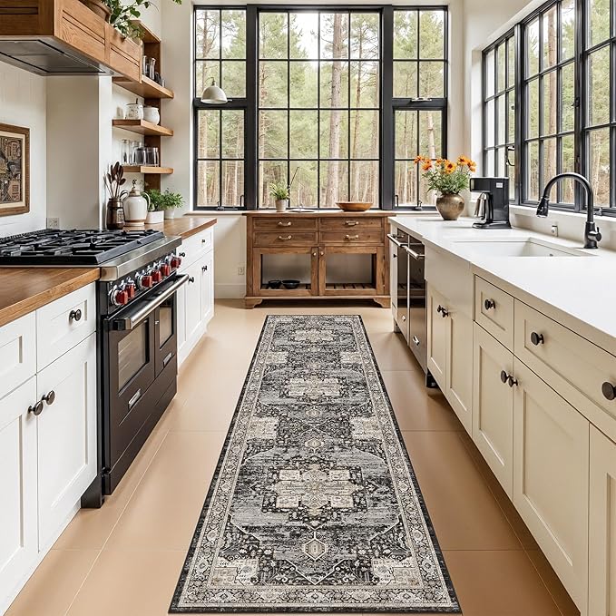 RUUGME Washable 2x8 Oriental Runner Rug - Soft Stain Resistant Rugs for Living Room Bedroom Non Slip Low Pile Carpets for Dining Room Home Decor Mat 2x8 Black