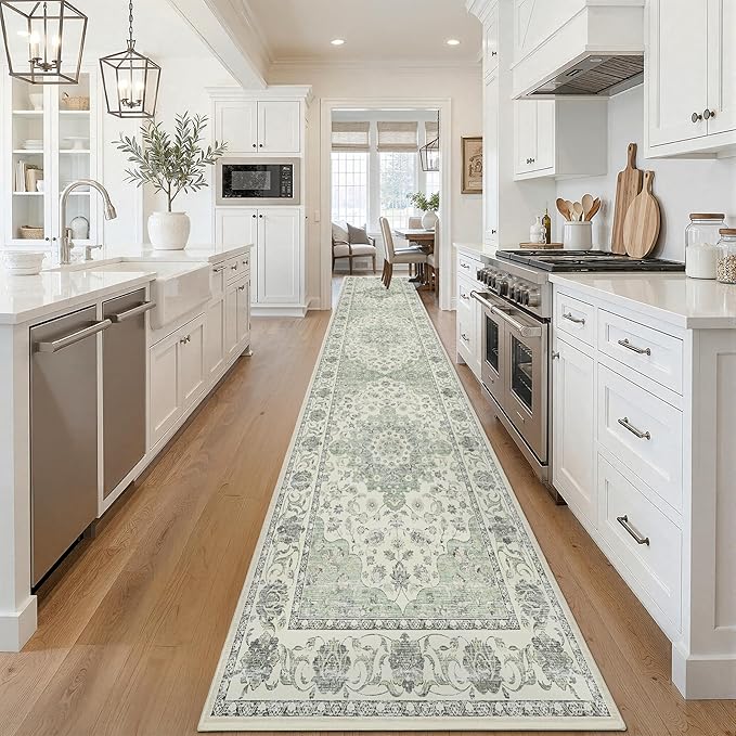 Washable Hallway Runner Rug - 3x12 Floor Carpet Rug Distressed Low Pile Mats Non Slip Soft Rugs for Dining Room with Rubber Backing Bedroom Runner with Vintage Design (Green 3x12)