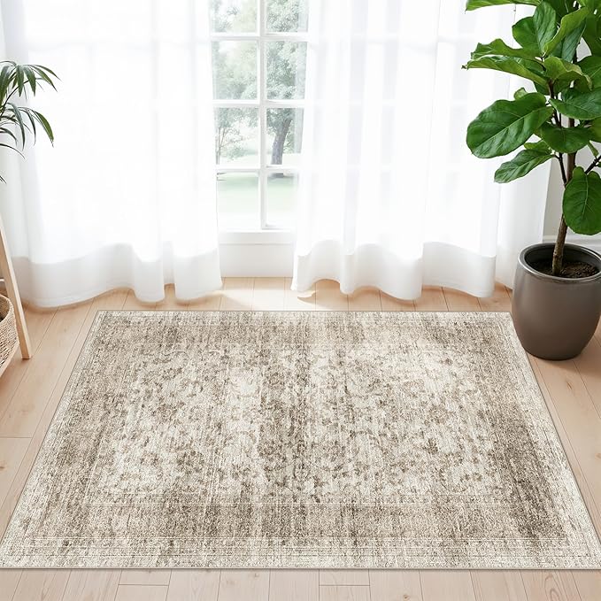 RUUGME 2x3 Entryway Rug Washable - Boho Rug Stain Resistant for Kitchen/Bathroom/Bedroom Low Pile Rubber Backed Rugs Ultra Thin Soft Home Decoration Floor Mat 2x3 Beige Brown